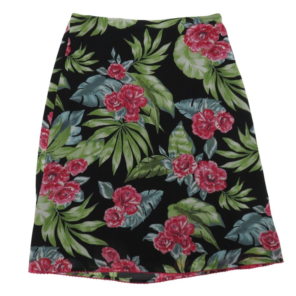 Nine & Company Petite 2P Tropical Hibiscus Flower Floral Black Pencil Skirt 90s